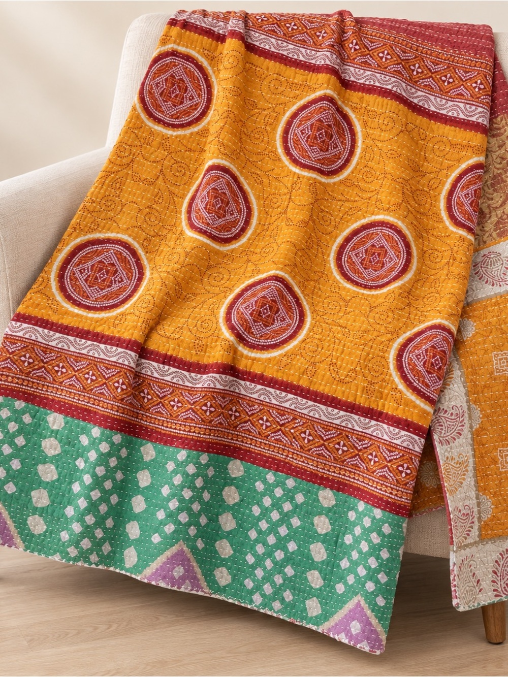 Reversible Kantha Quilt Boho Bedspread Throw Orange Multicolor 87 x 100